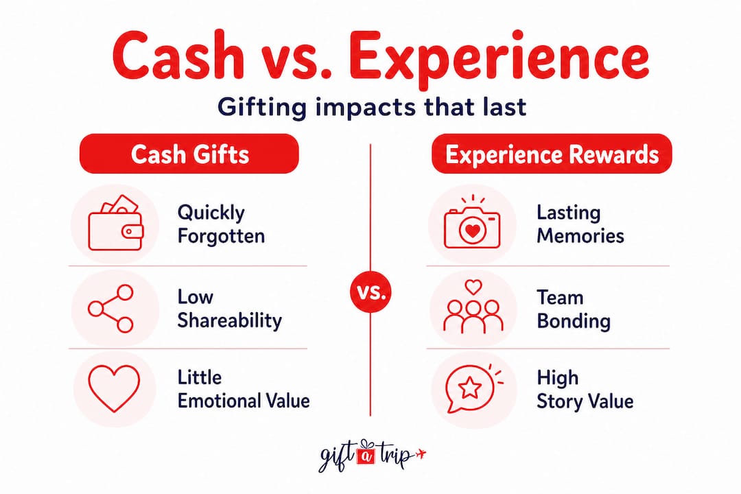business gifting: boost team morale with experiential rewards 4 infographic comparing cash versus experience rewards