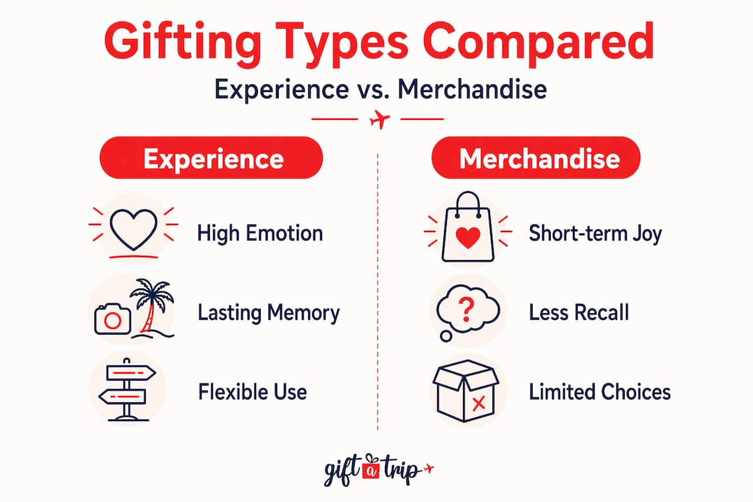 resort gifting: your guide to meaningful experiences 3 infographic comparing experience and merchandise gifting