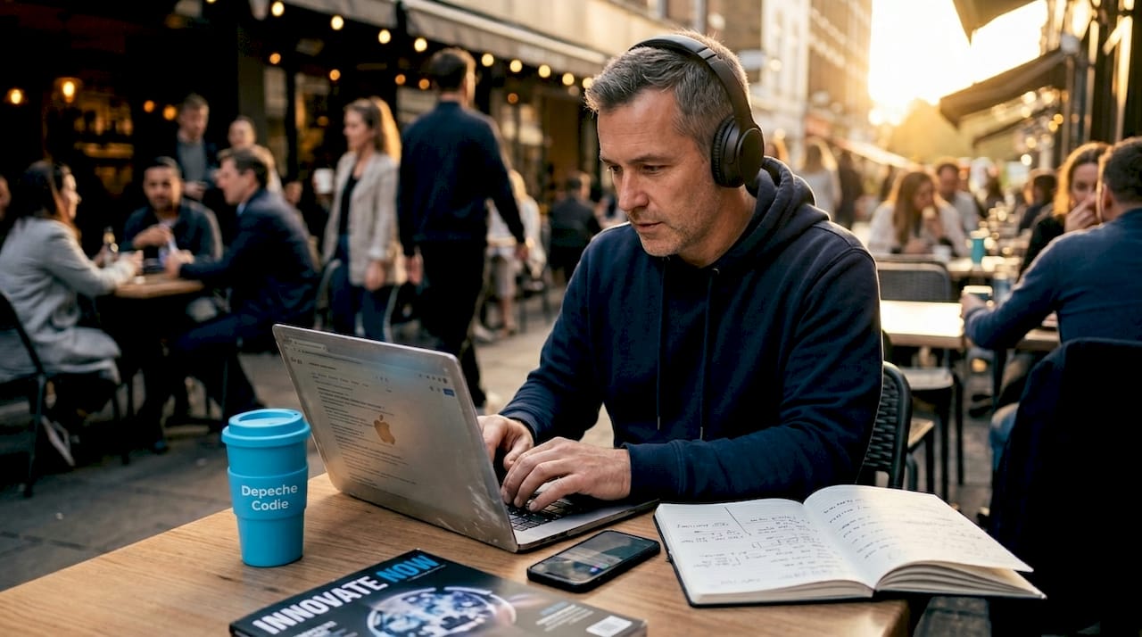 man doing seo research in café