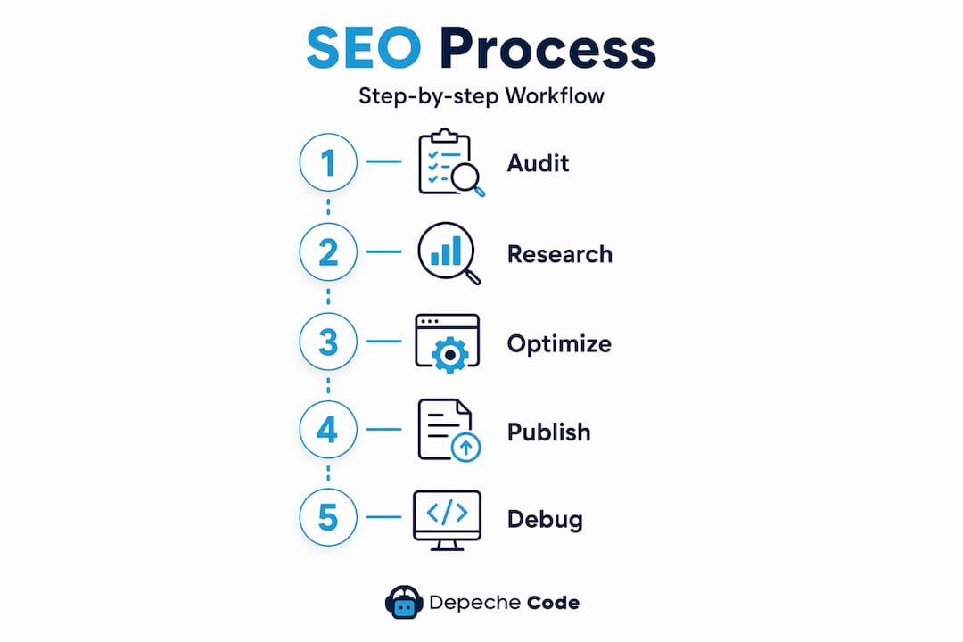 seo process infographic with five workflow steps