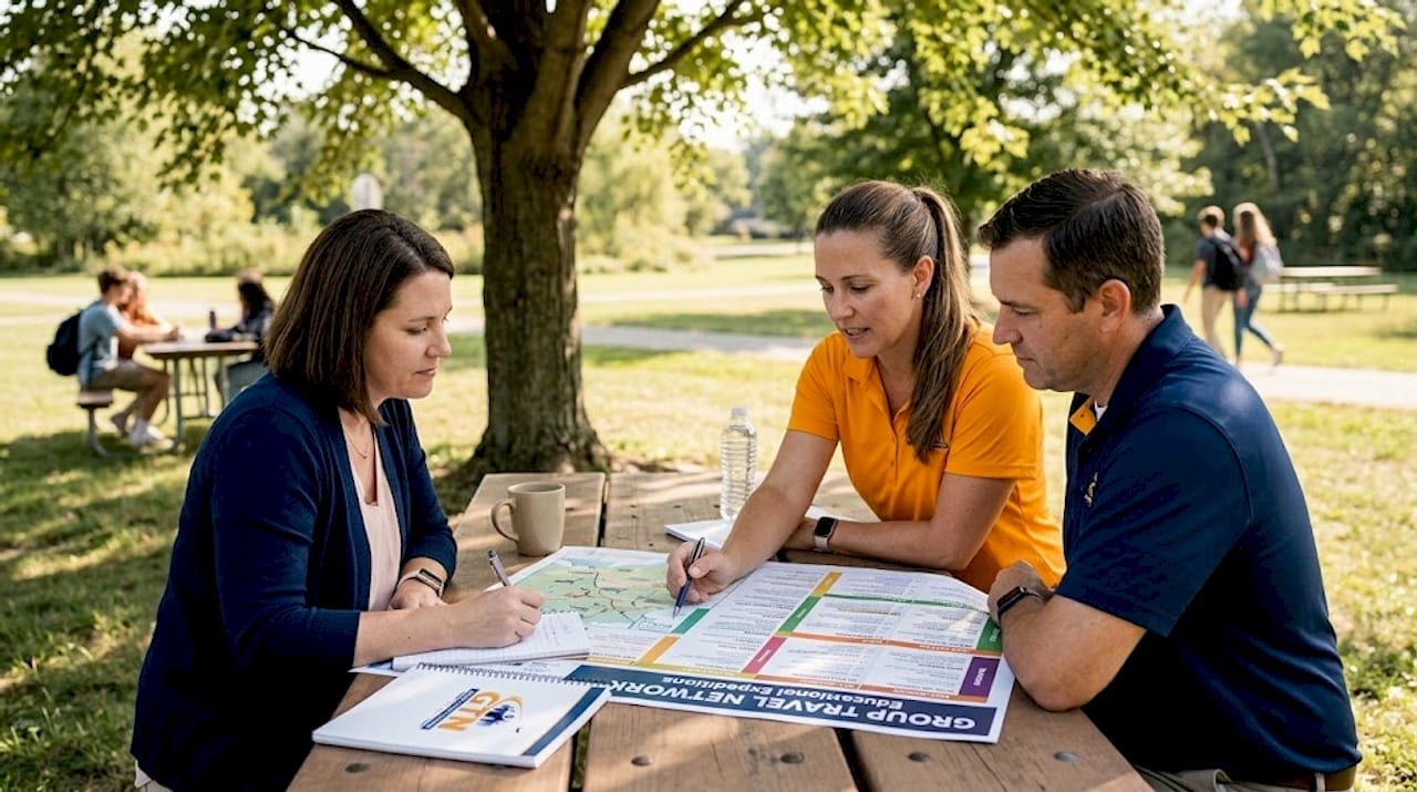 chaperones reviewing student trip safety plans