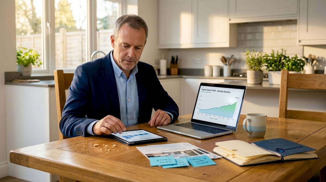 marking online marketing stats at kitchen table