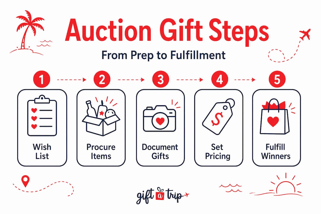 step-by-step charity auction gift certificates guide 3 infographic showing five step charity auction process