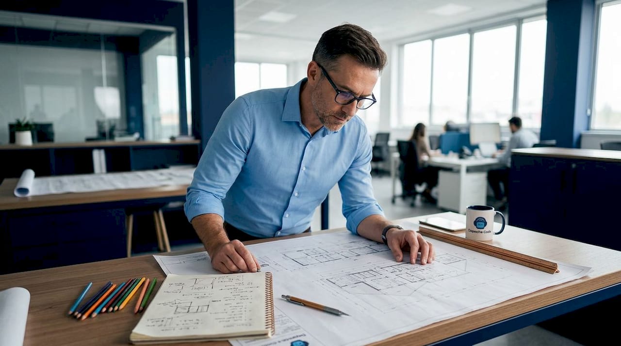 architect comparing house blueprints on drafting table