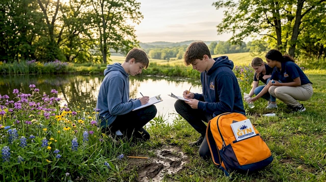 students collaborating by a pond on field trip