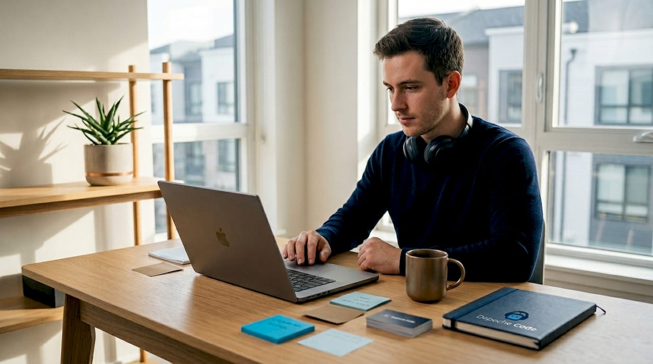 man using website navigation in living room