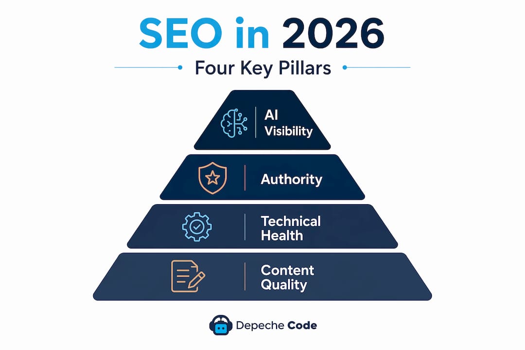 why invest in seo: a 2026 business guide 4 infographic showing four seo pillars pyramid