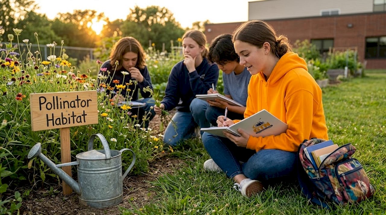 students taking notes in school garden