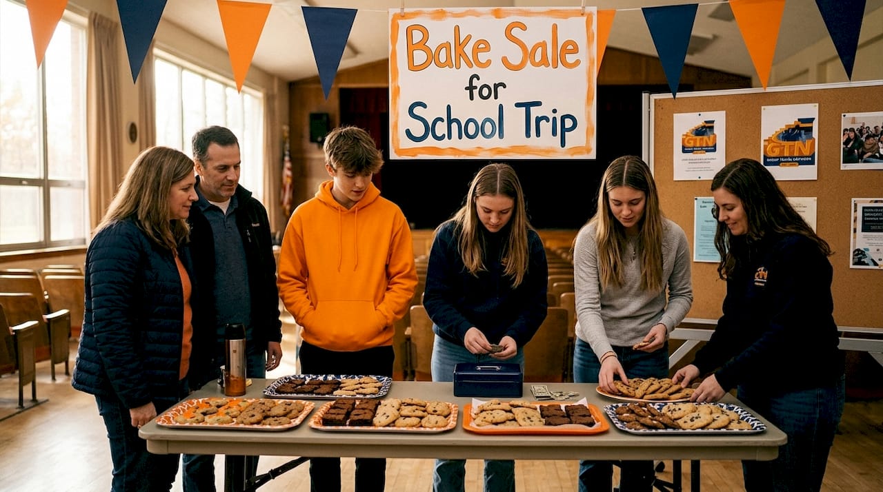 what is student trip fundraising: a 2026 guide 3 students and parents at bake sale table