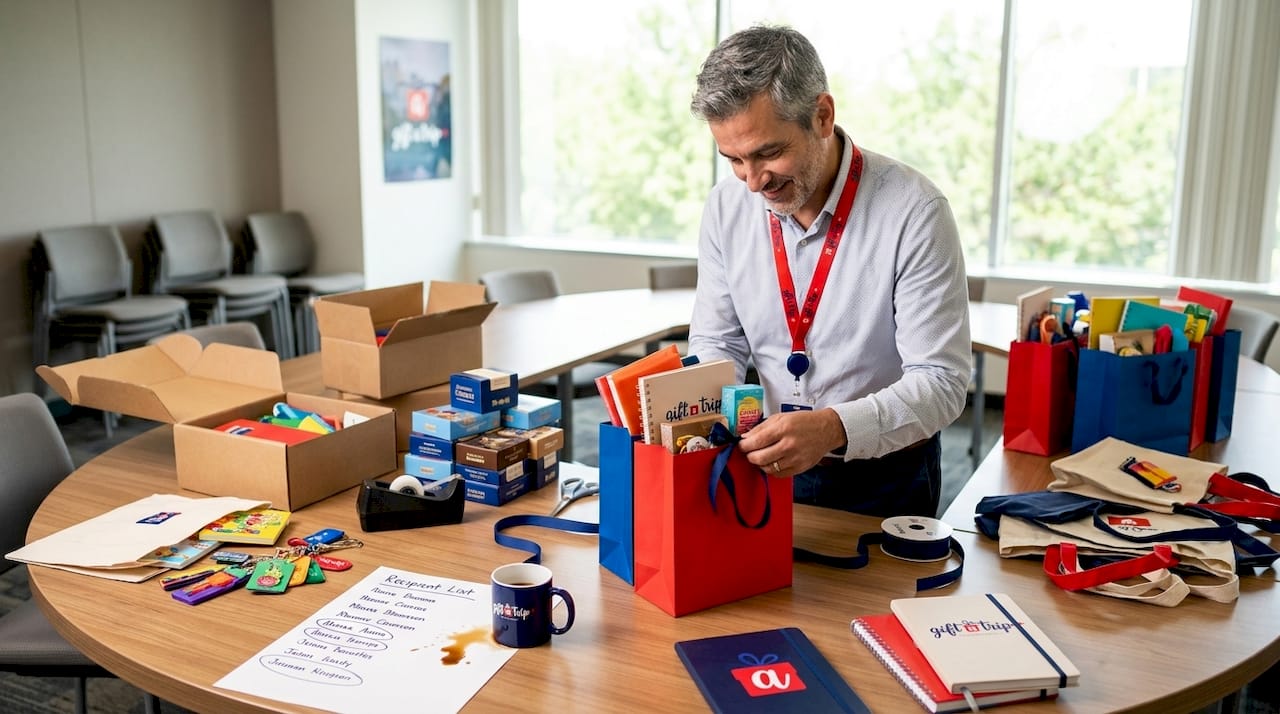 your event gifting checklist for stress-free planning 3 office worker assembling physical gift bags