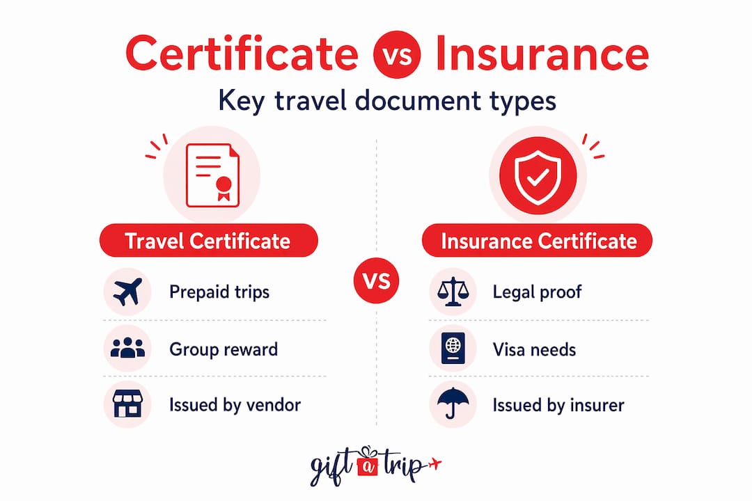 what are group travel certificates? a 2026 guide 4 infographic comparing travel and insurance certificates