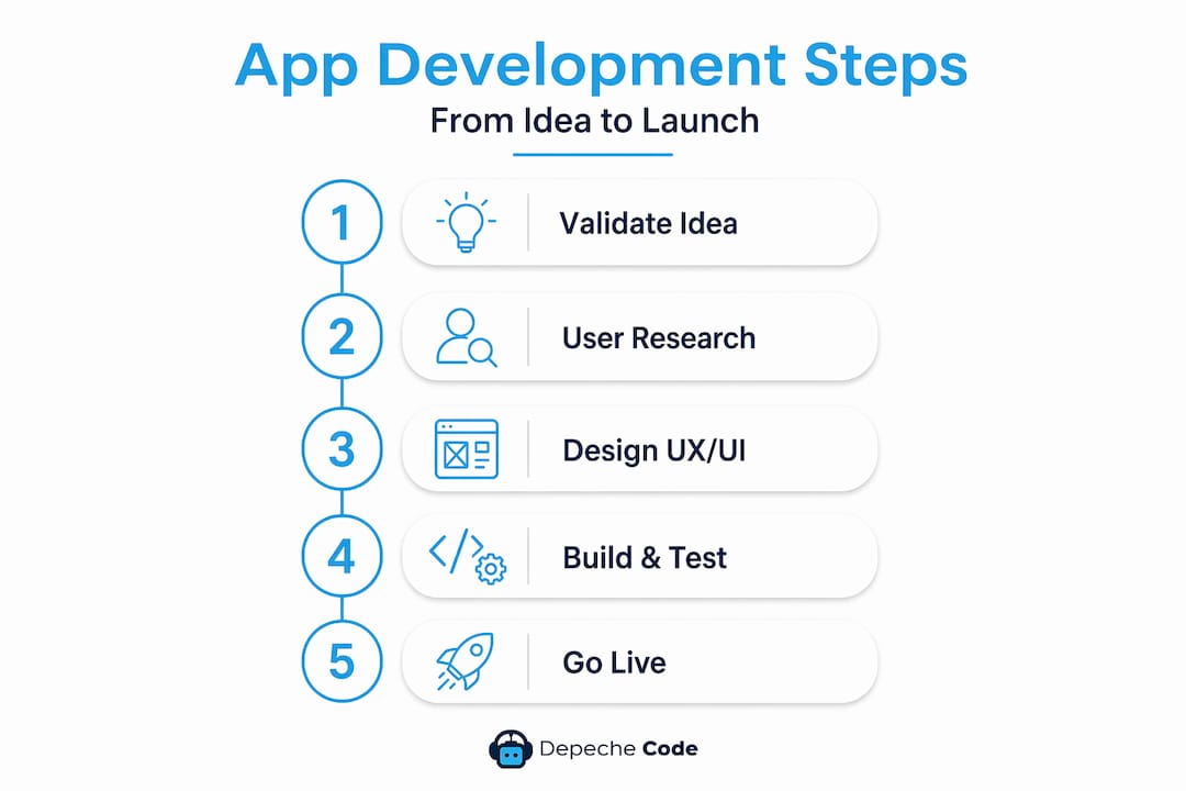 what is mobile app development for business owners in 2026 3 infographic visualizing mobile app development steps