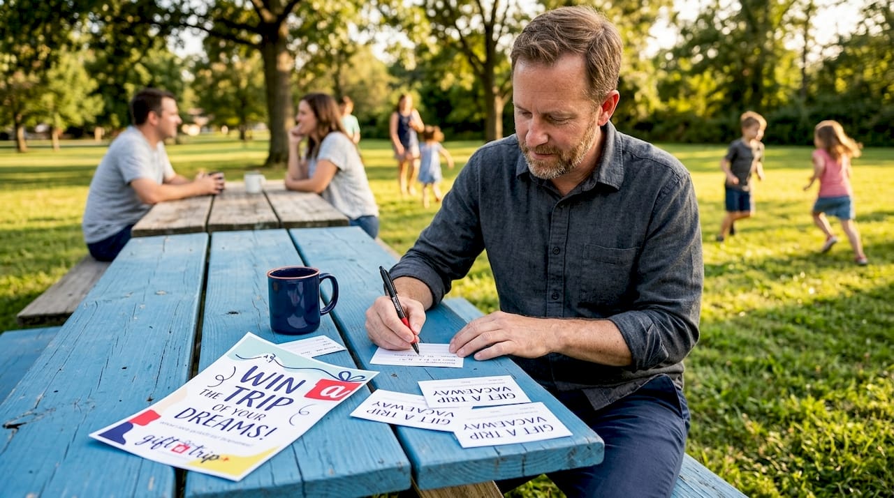 travel rewards for fundraising: top 10 ideas in 2026 3 man filling out vacation prize raffle ticket