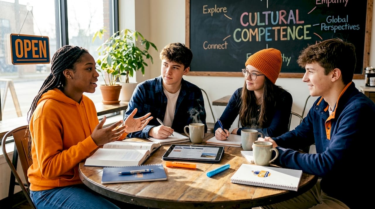 students discussing intercultural competence