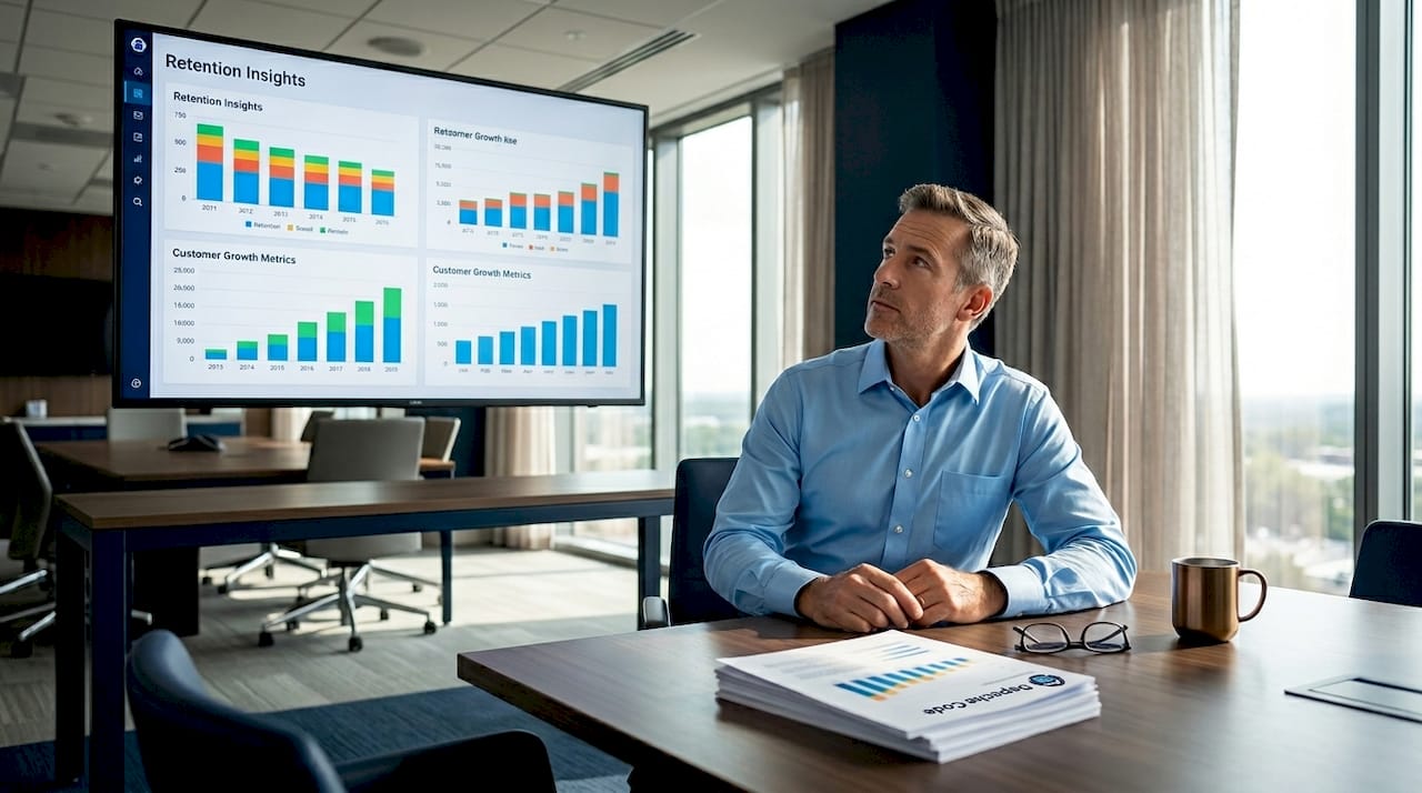 analyst reviewing customer retention data on screen