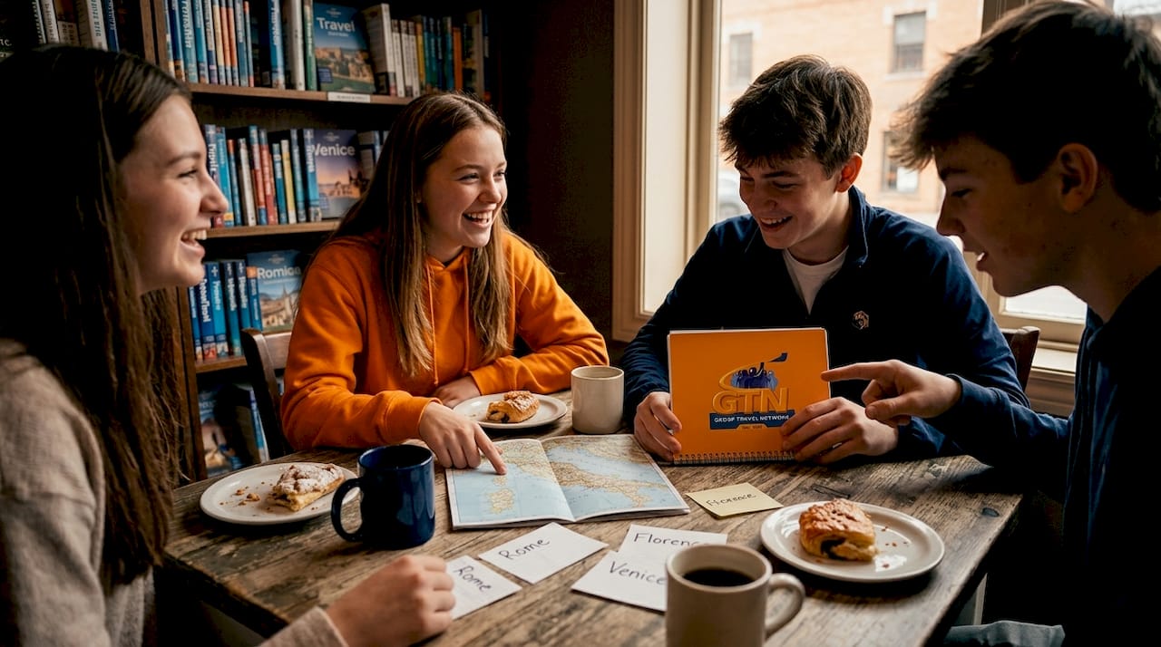 travelers socializing in café setting