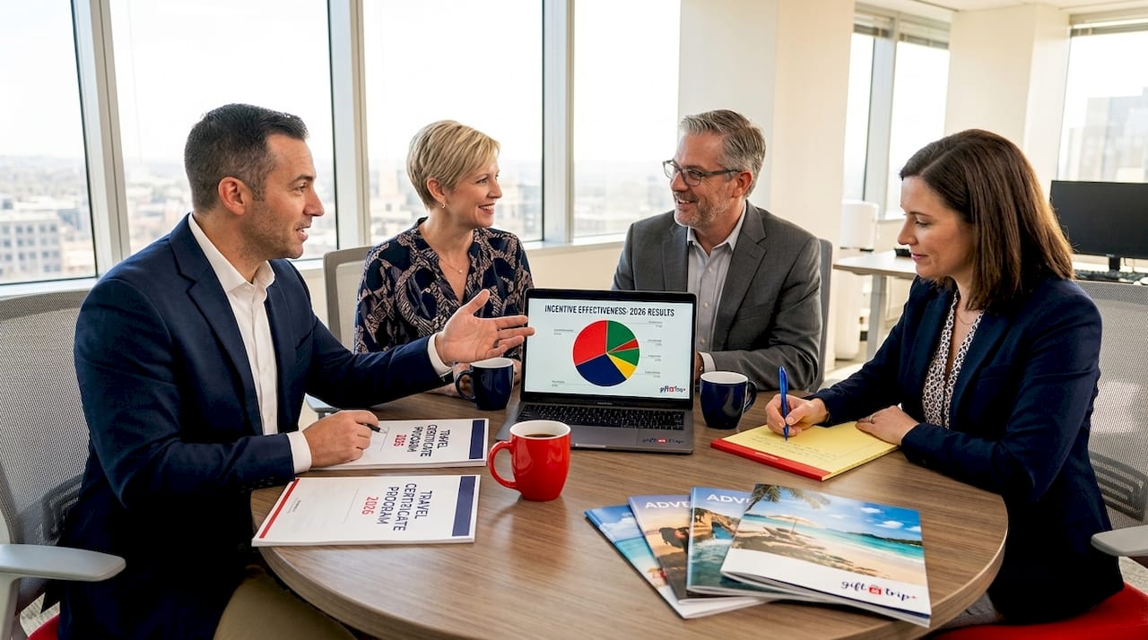 how to use travel certificates for incentives in 2026 3 managers discussing travel incentives around table
