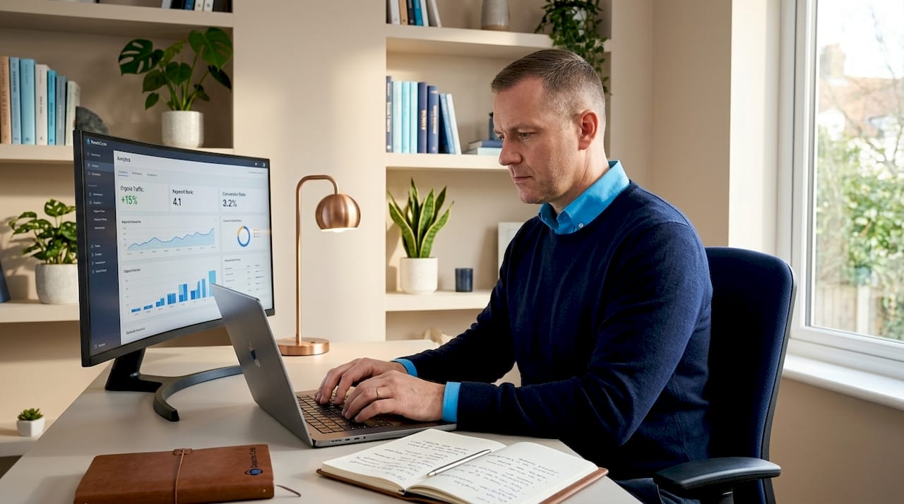 digital marketer at desk with seo tools