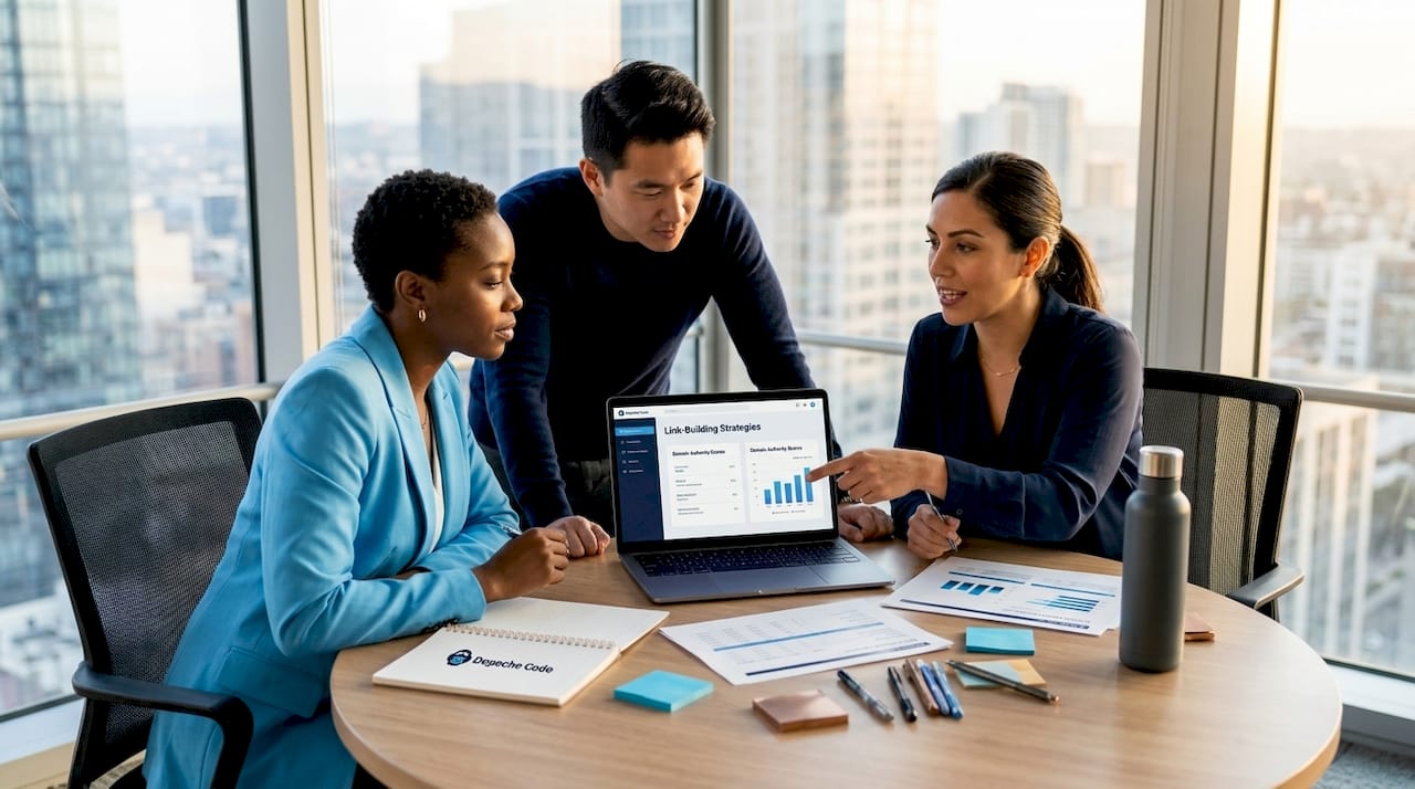 marketing team collaborating on link building