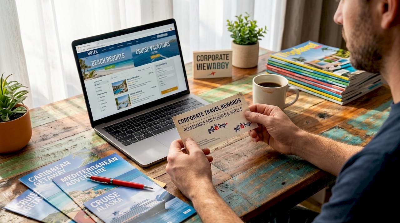 what is a corporate travel certificate? hr guide 2026 3 employee hands holding travel rewards voucher