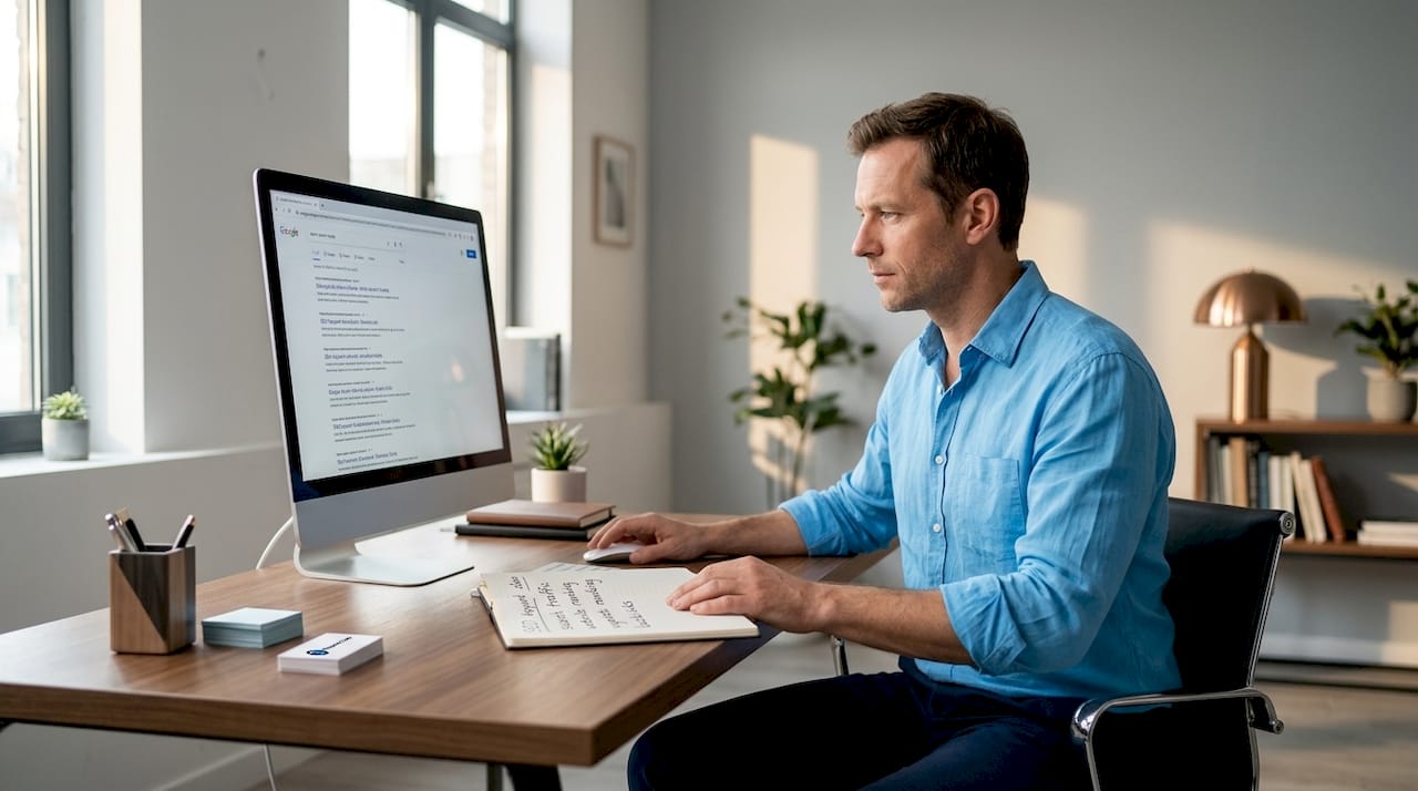 small business owner reviewing google search results