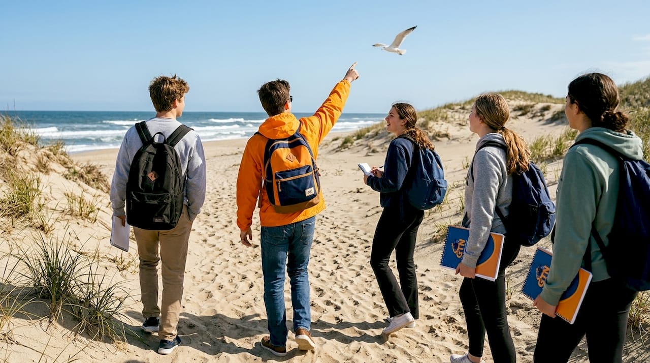 students walking and observing nature on school trip