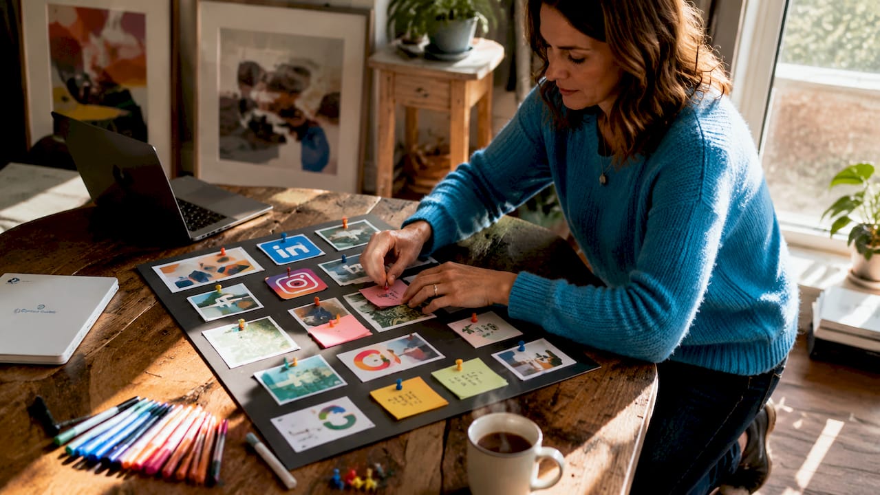 the role of digital marketing in business growth 2026 4 hands arranging digital marketing planning materials on table