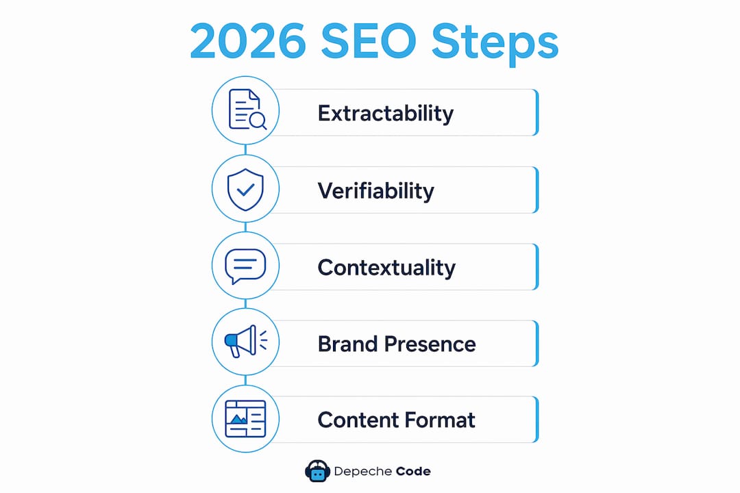 seo trends in 2026: what every marketer must know 4 infographic illustrating key seo strategy steps for 2026