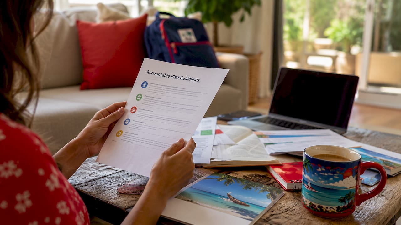how taxes are handled in travel certificates: 2026 guide 3 hands holding accountable plan guidelines document