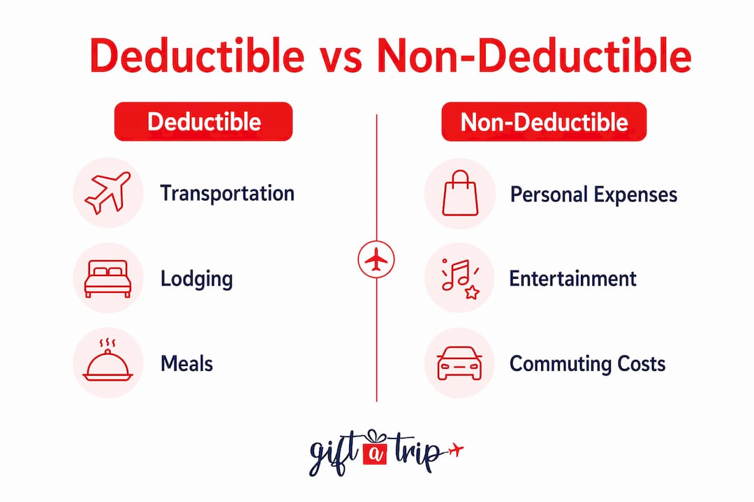 how taxes are handled in travel certificates: 2026 guide 4 infographic comparing deductible and non-deductible travel expenses
