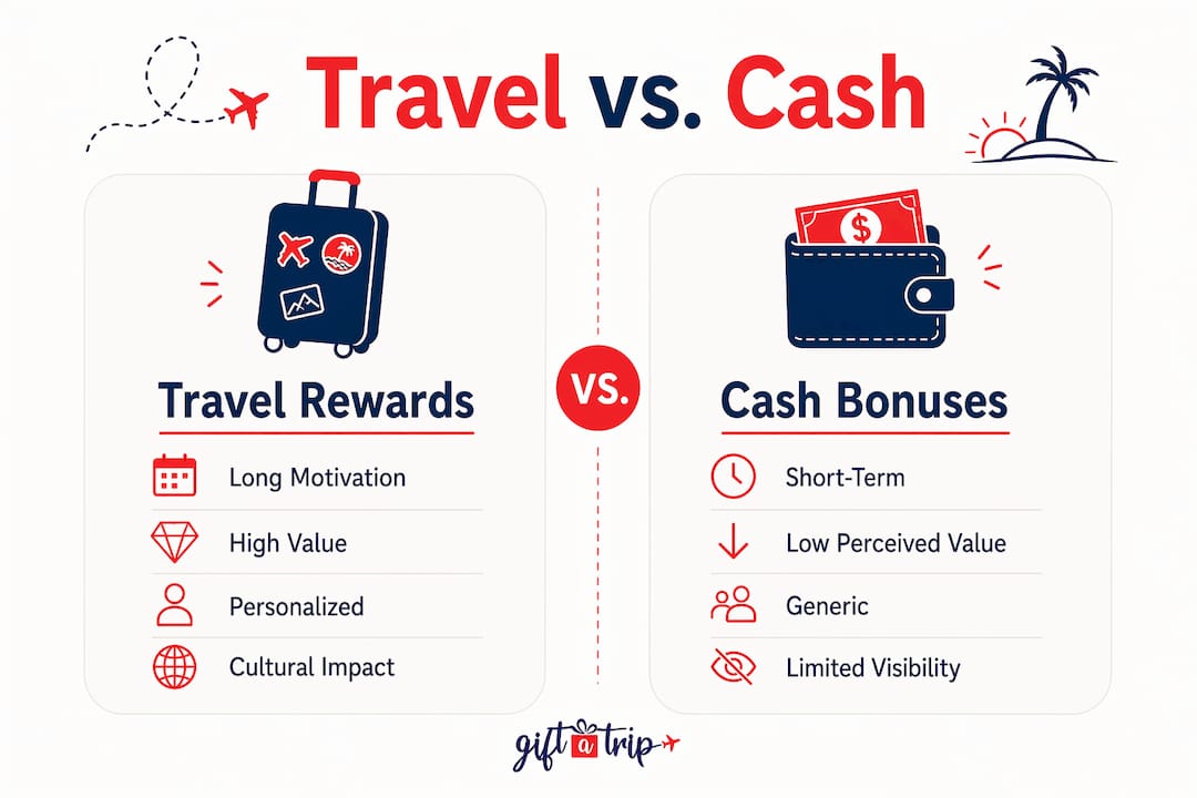 why offer travel packages as rewards: 2026 hr guide 4 infographic comparing travel rewards and cash bonuses