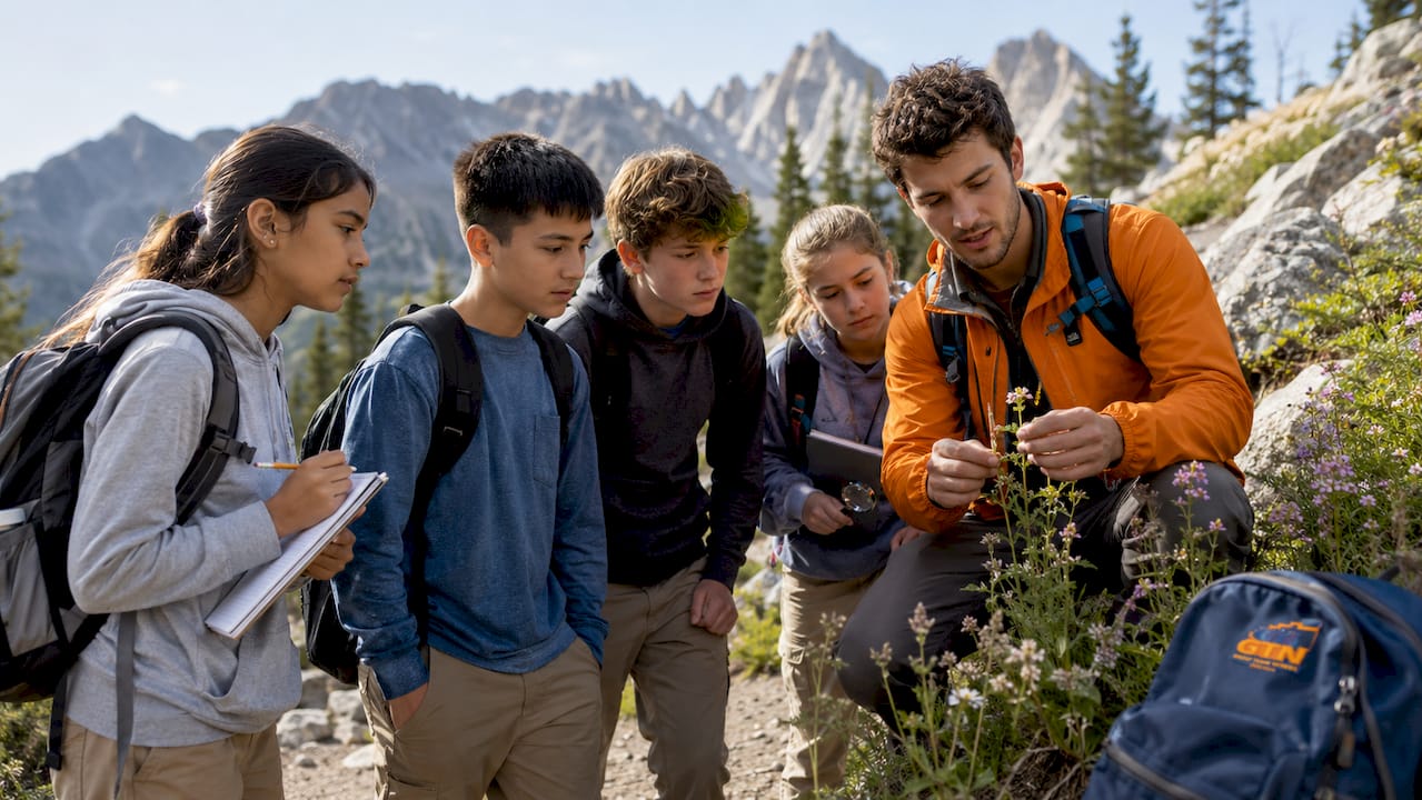 students on guided ecological exploration hike