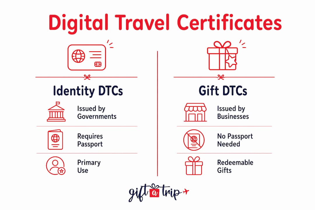 what are digital travel certificates? a 2026 guide 4 infographic comparing identity and gift digital travel certificates