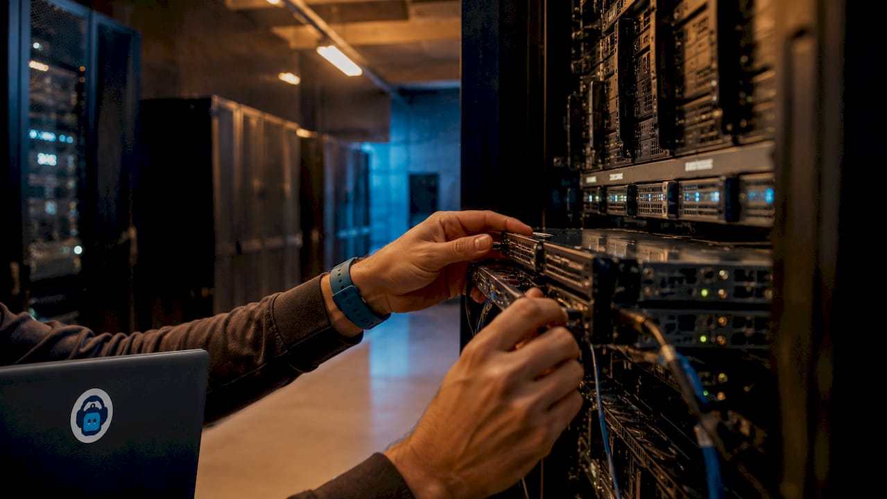 hands adjusting server hardware in data center