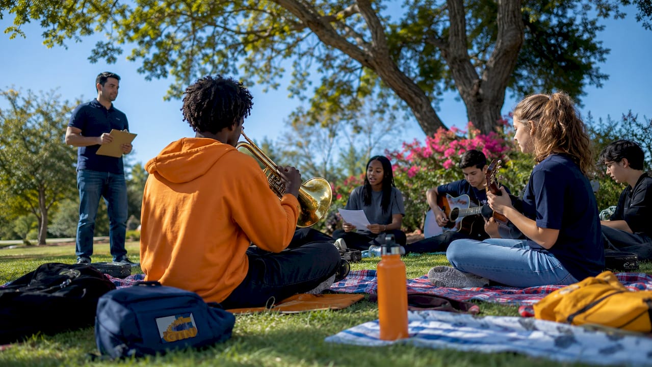 students practicing music for a group performance trip