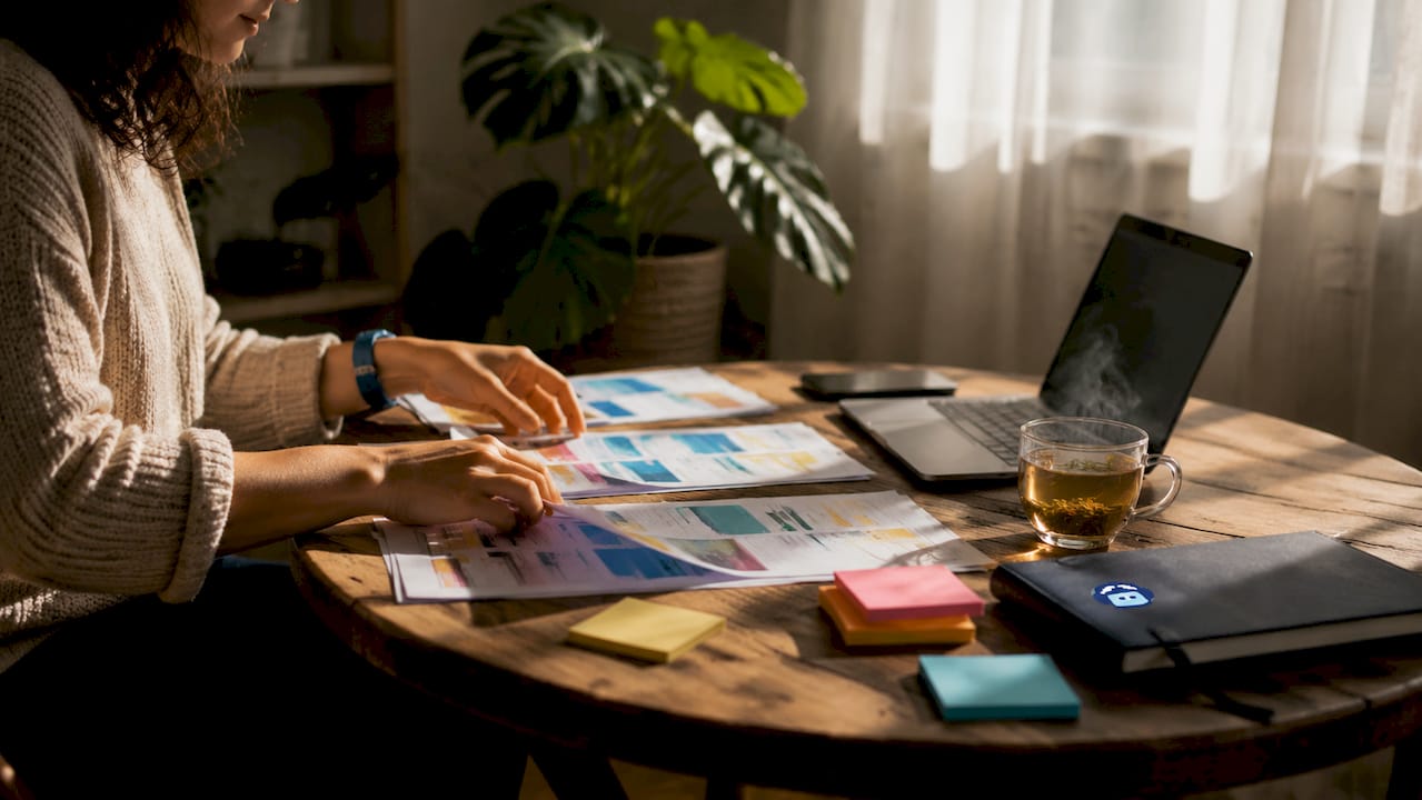 hands organizing website content sheets on table