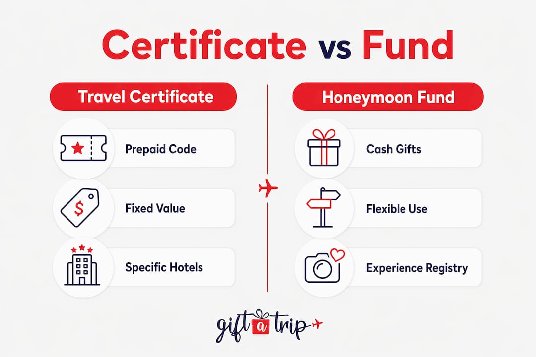 honeymoon travel certificate: what couples need to know 4 infographic comparing honeymoon travel certificate vs honeymoon fund