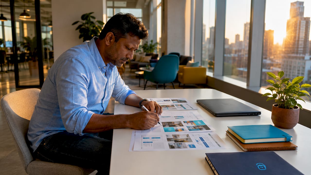 professional portfolio website features: 2026 guide 3 hands marking portfolio project layouts on table