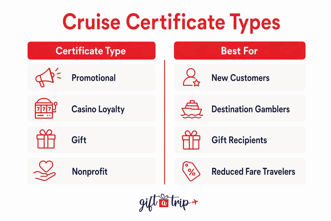 what are cruise certificates? your 2026 complete guide 4 infographic comparing types of cruise certificates and their uses