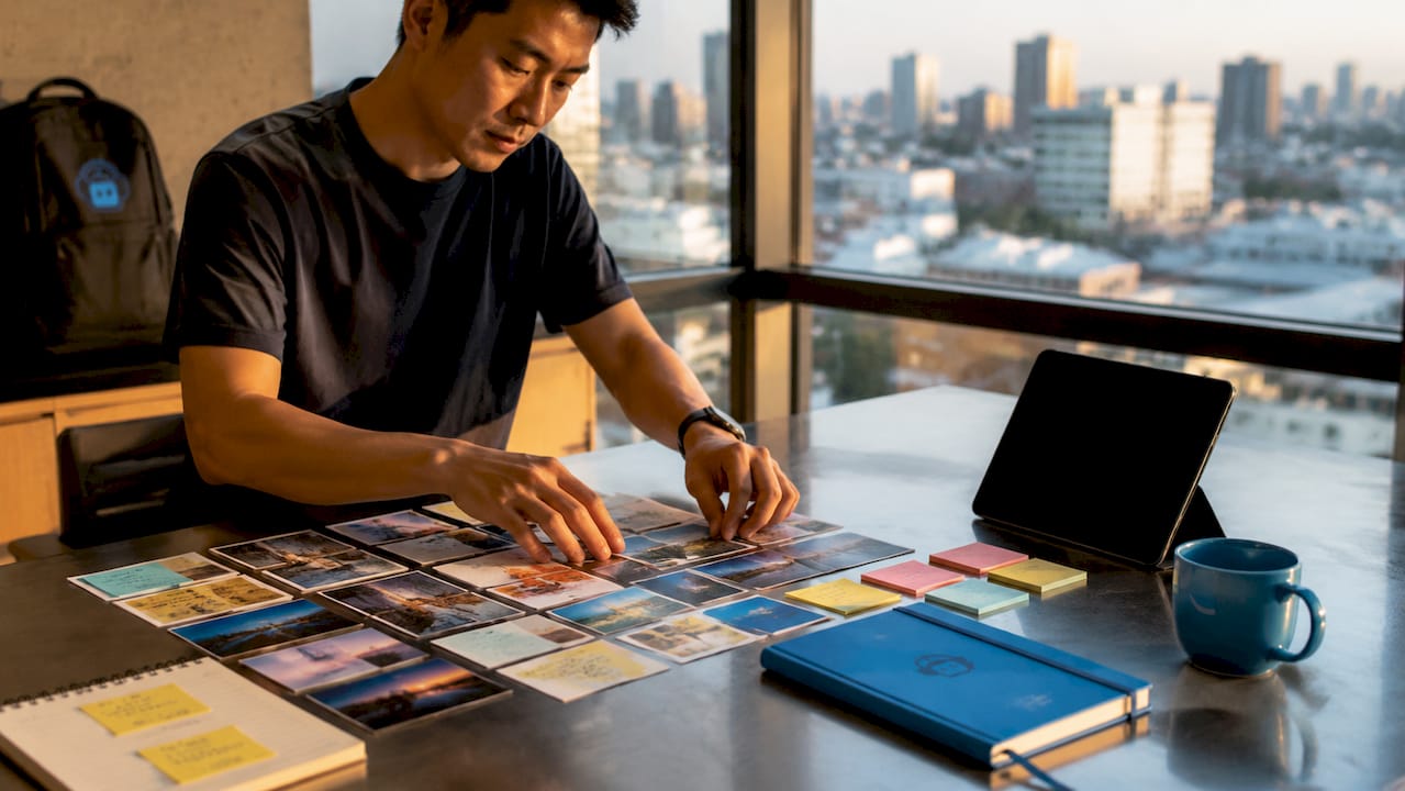 hands arranging social media content visuals on table