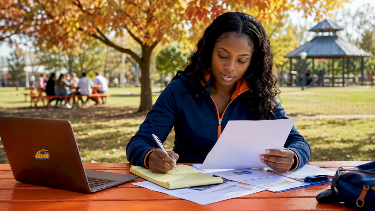 woman reviewing nonprofit trip documents at desk