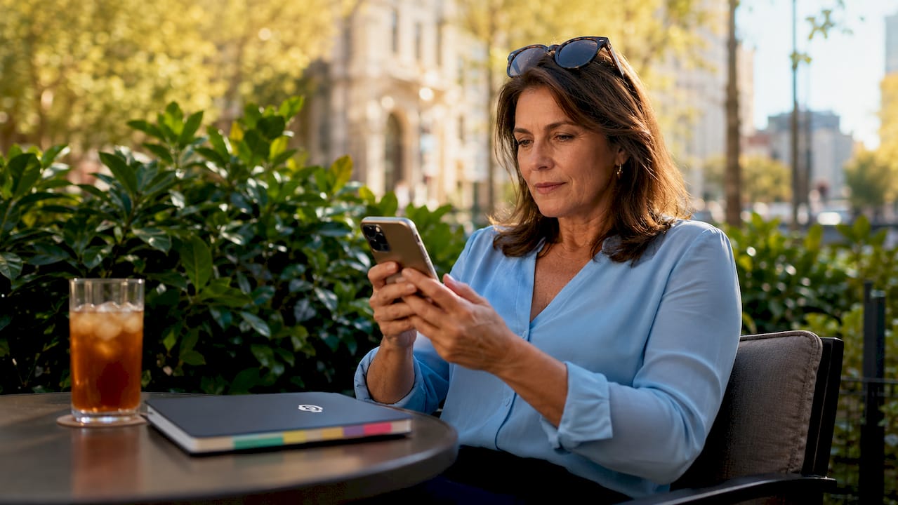 businesswoman using company website on smartphone