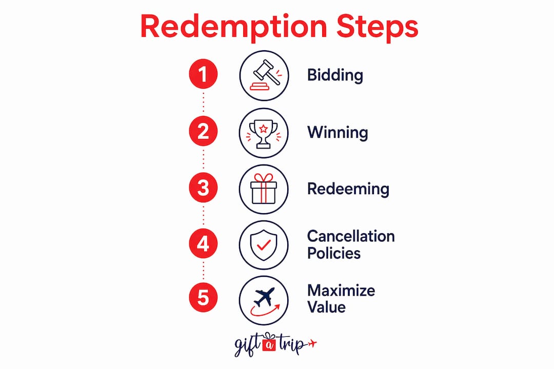 what is a travel auction certificate? your 2026 guide 4 infographic illustrating travel auction certificate redemption steps