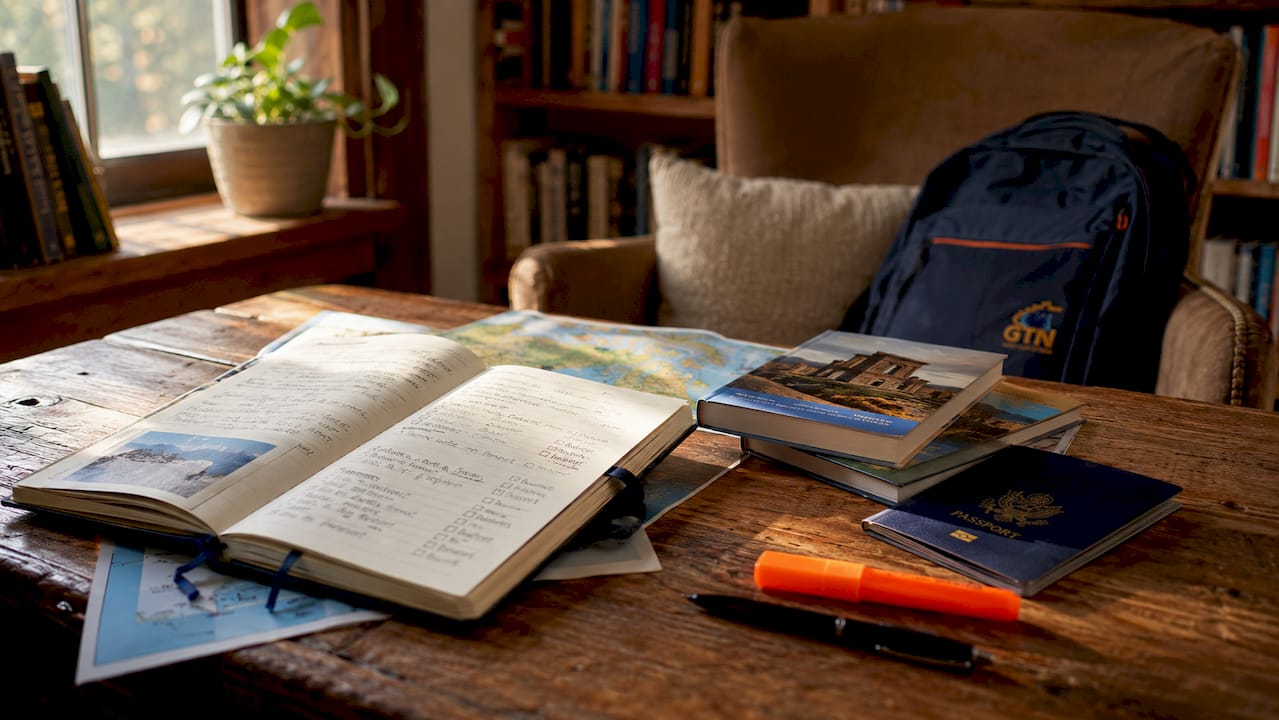 flat lay of student travel planning materials on desk