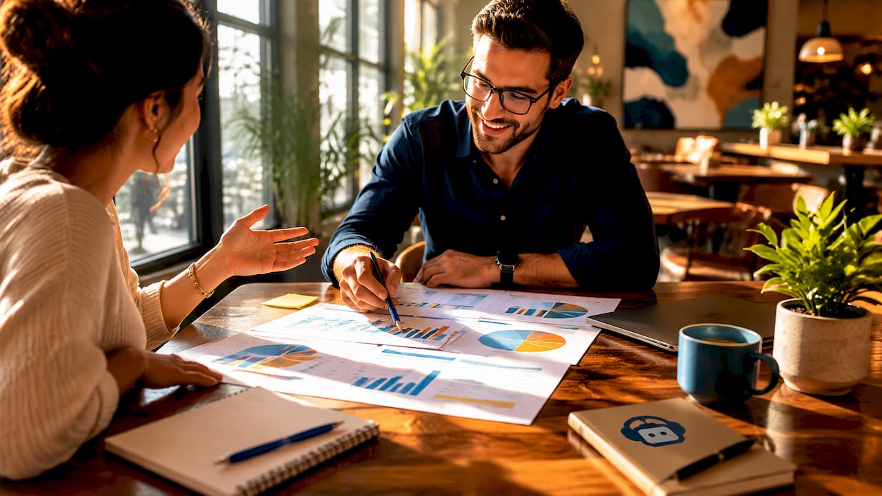 hands pointing at website cost charts on table
