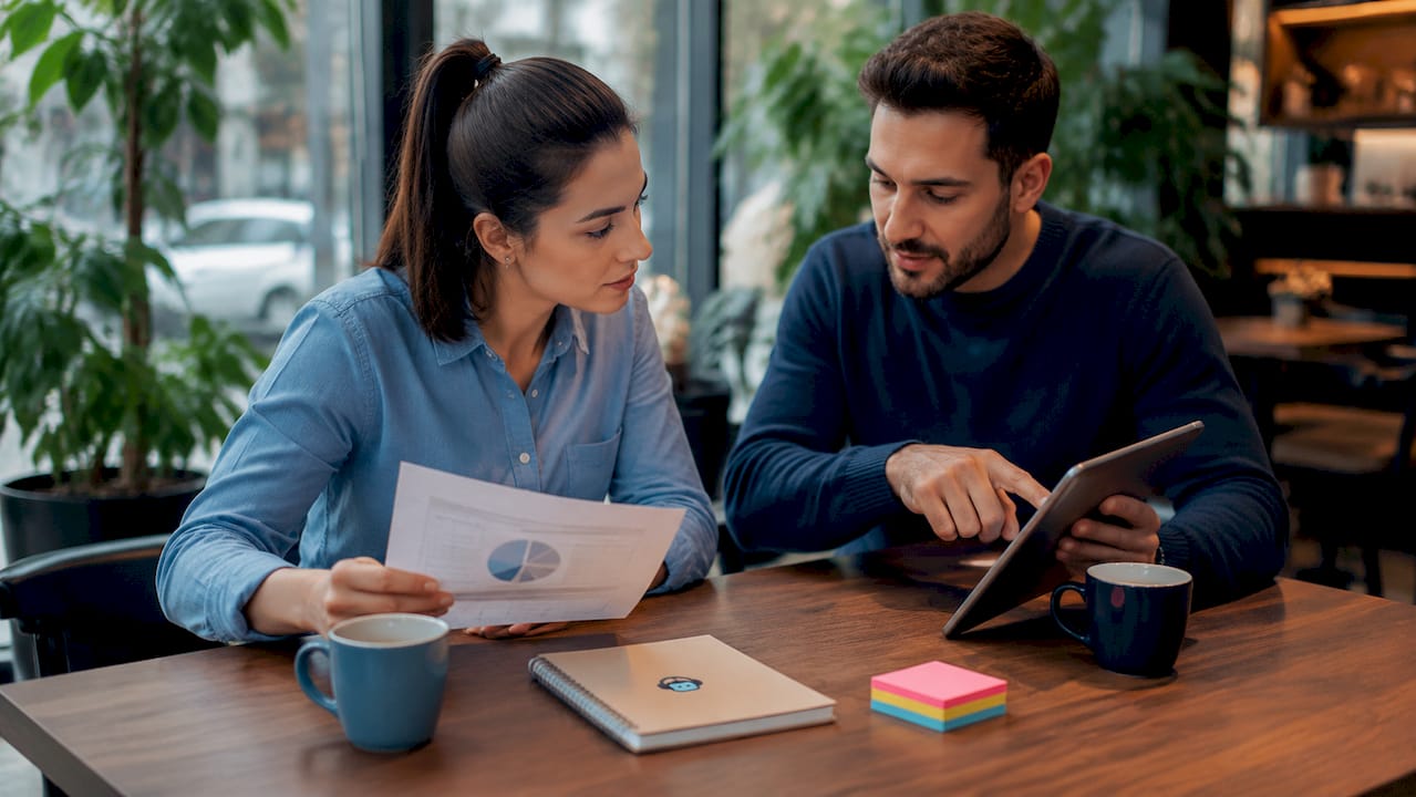 two professionals reviewing website cost breakdown