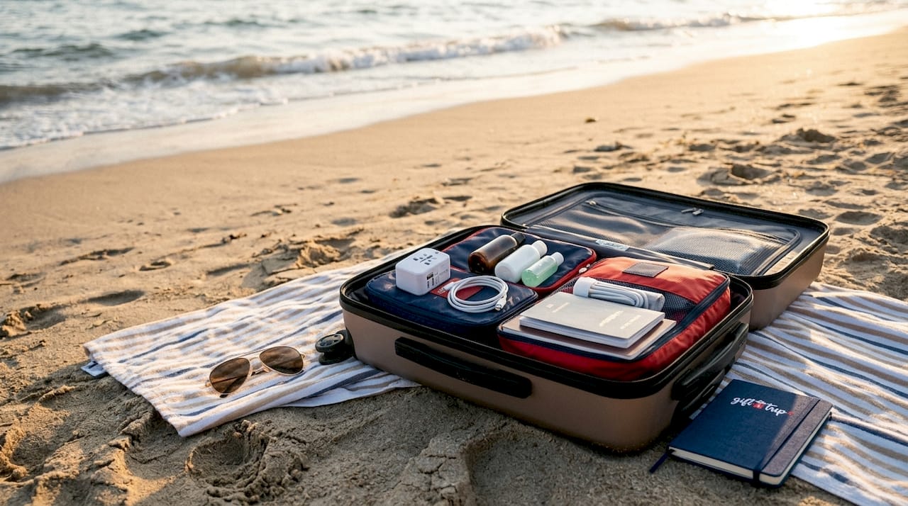 why bundle travel essentials: save time, money, and stress 4 overhead view of neatly packed travel essentials in suitcase