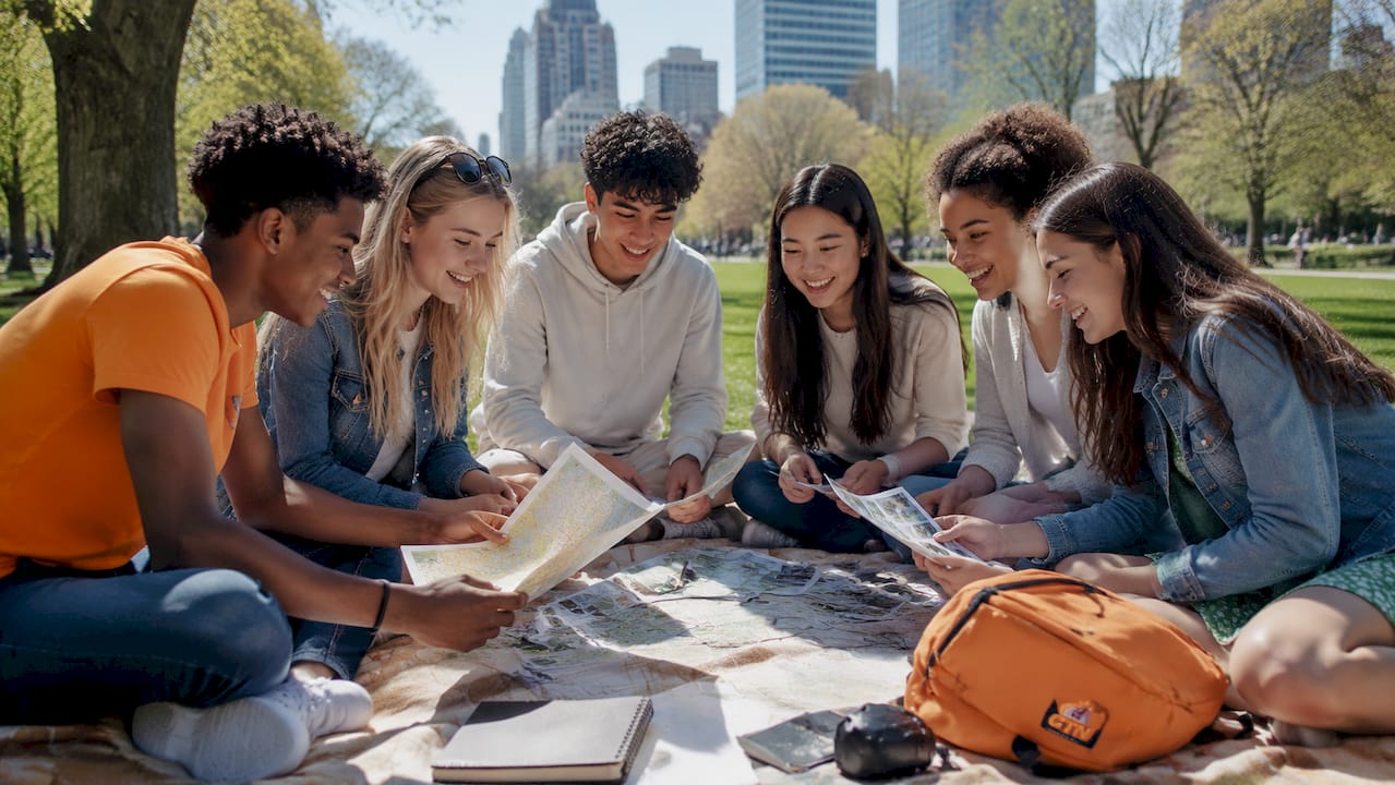 students reviewing travel plans in park
