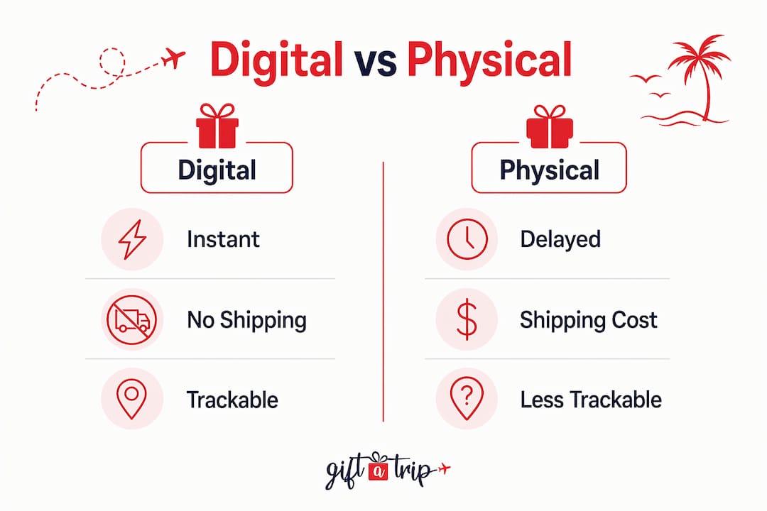 what is digital delivery in gifting? a 2026 guide 5 infographic comparing digital delivery and physical gifting advantages