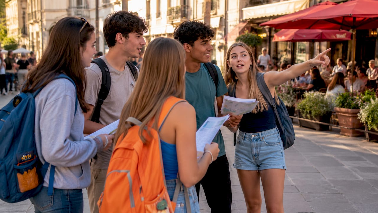 group of students discussing travel plans outdoors